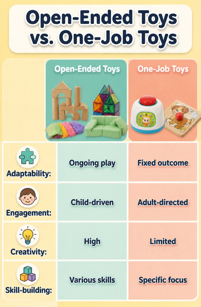 An infographic contrasting open-ended toys with one-job toys for children.