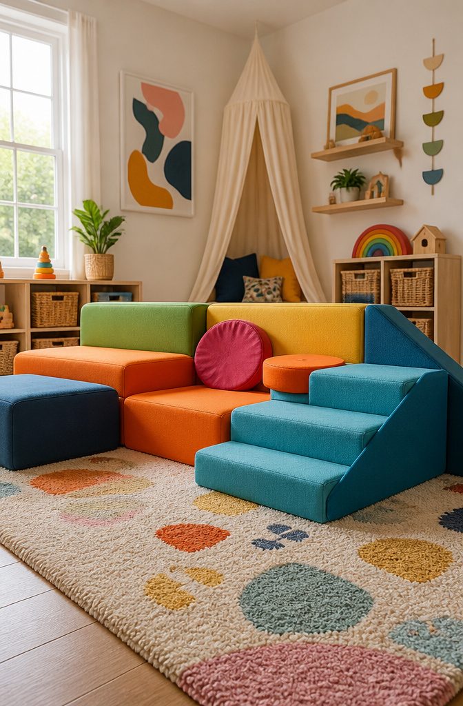 Colorful foam pieces arranged as a play couch for children to climb on.