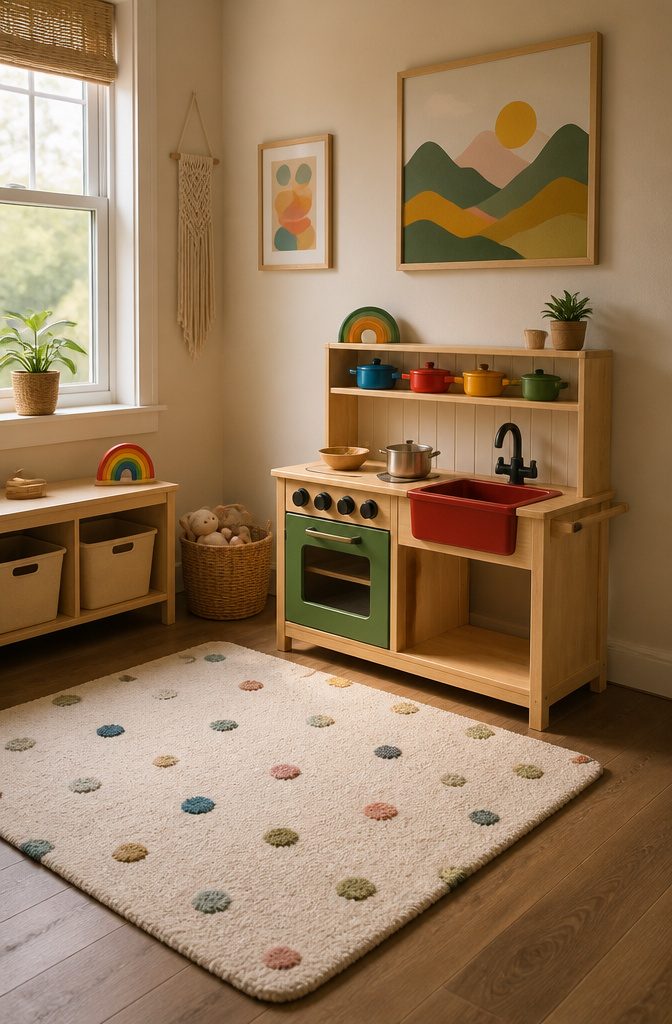 A play kitchen set with a stove, oven, and various accessories for pretend play.