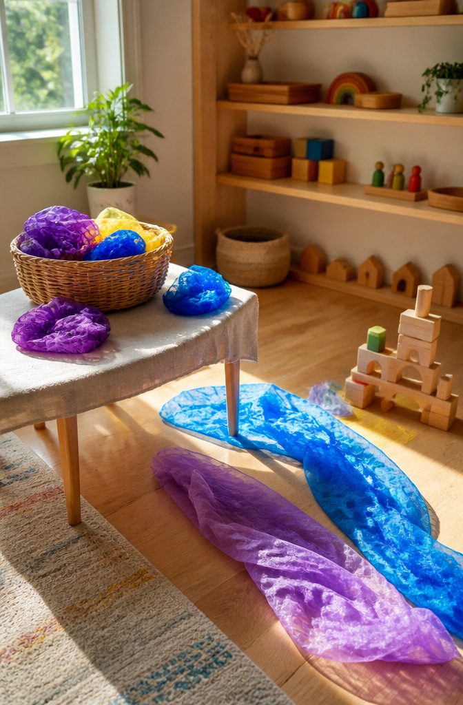 A basket filled with vibrant play silks in shades of purple, blue, and yellow.