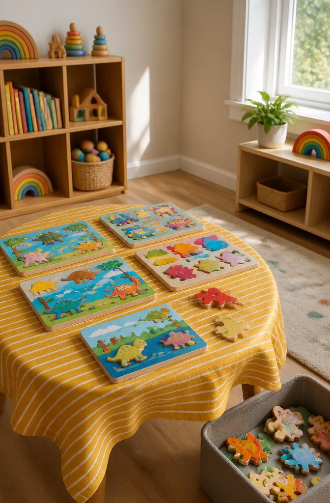 A wooden table covered with colorful puzzles featuring chunky pieces.