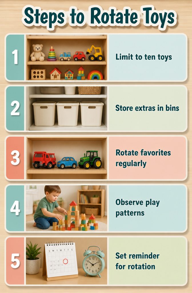 A simple system for rotating toys displayed on open shelving.