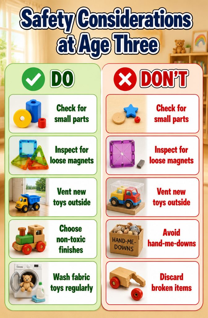 An infographic highlighting safety considerations for toys suitable for three-year-olds.