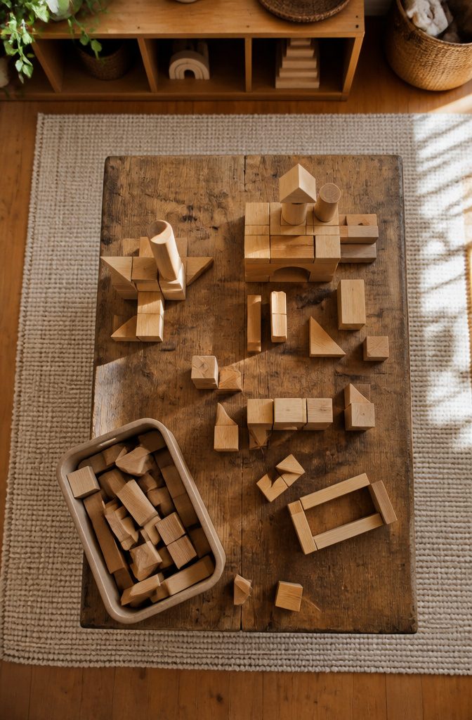 A collection of wooden unit blocks in various shapes arranged on a table.