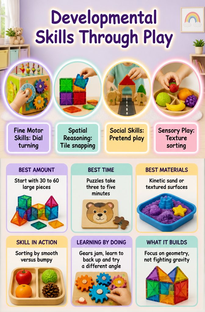 An educational graphic illustrating developmental skills gained through play.