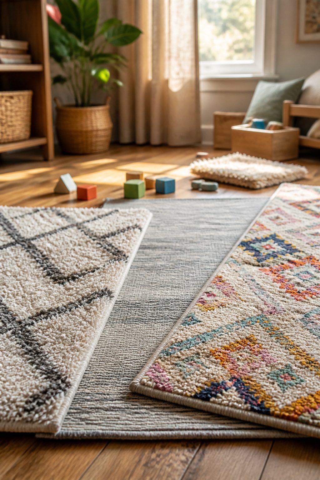 Close-up of three different rugs with various textures and colors.