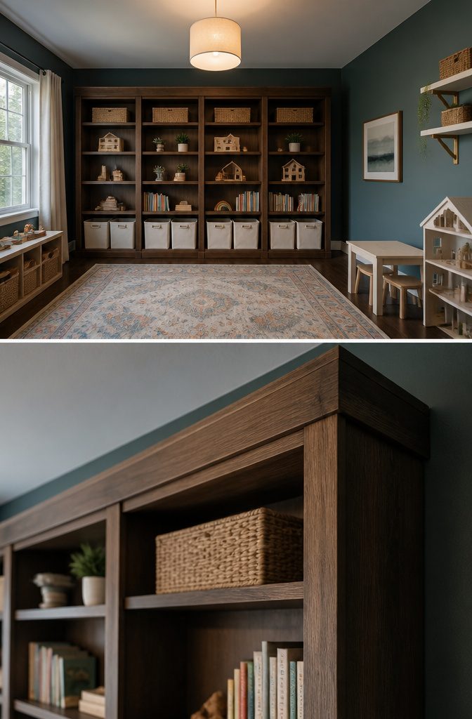Billy Bookcase Playroom Storage: Fabric Liners, Built-Ins and Paint Finishes 3 Four IKEA Billy bookcases connected with wood boards on top and sides.