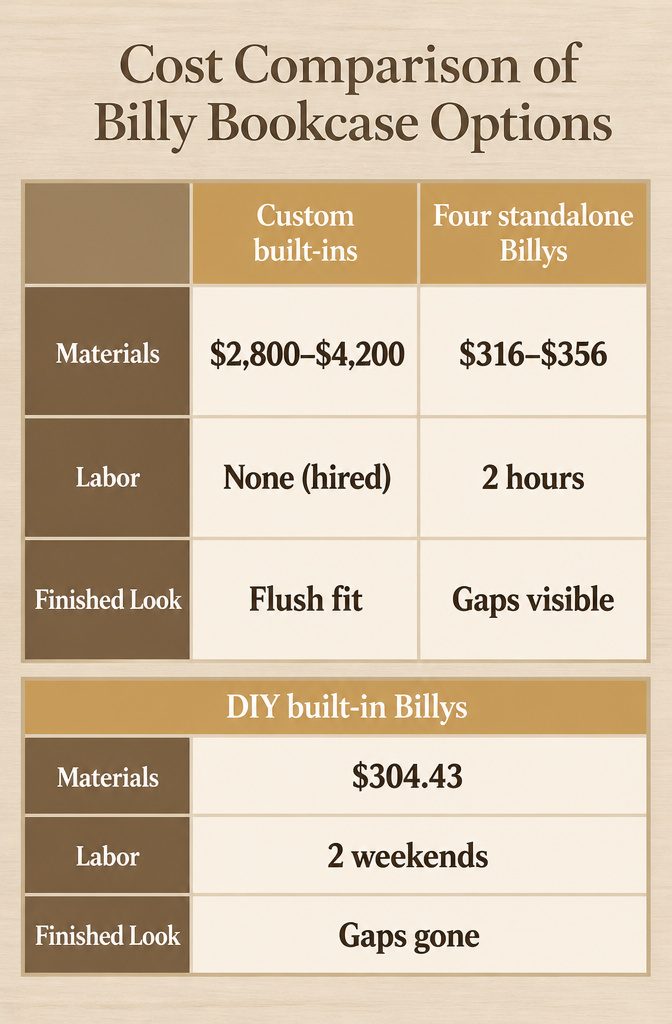 Billy Bookcase Playroom Storage: Fabric Liners, Built-Ins and Paint Finishes 5 Cost comparison chart for different Billy bookcase storage solutions.