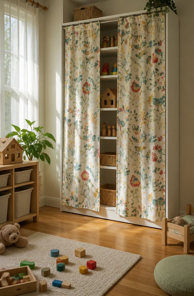 Billy Bookcase Playroom Storage: Fabric Liners, Built-Ins and Paint Finishes 2 Two fabric door liners hanging inside a Billy bookcase with open shelves.