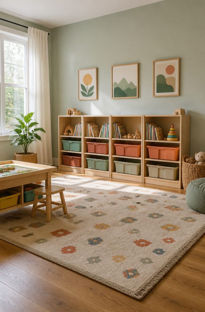 Billy Bookcase Playroom Storage: Fabric Liners, Built-Ins and Paint Finishes 1 Four short IKEA Billy bookcases against a wall in a playroom.
