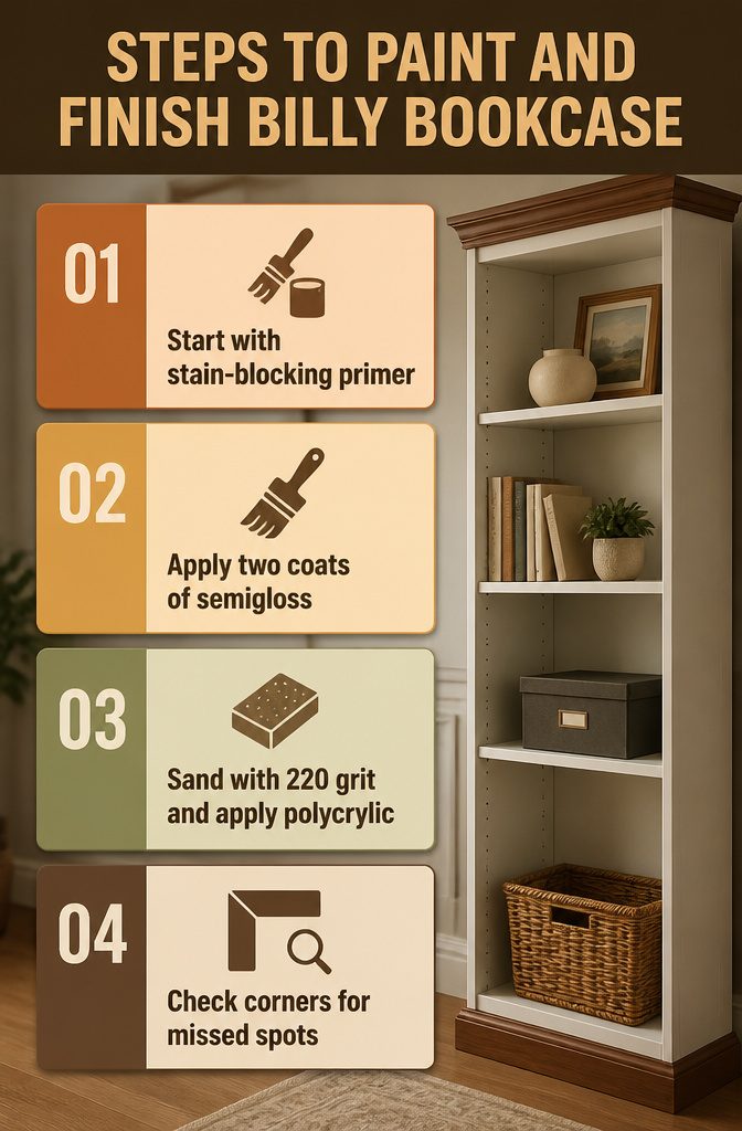 Billy Bookcase Playroom Storage: Fabric Liners, Built-Ins and Paint Finishes 4 Checklist of painting steps for finishing Billy bookcase doors and trim.