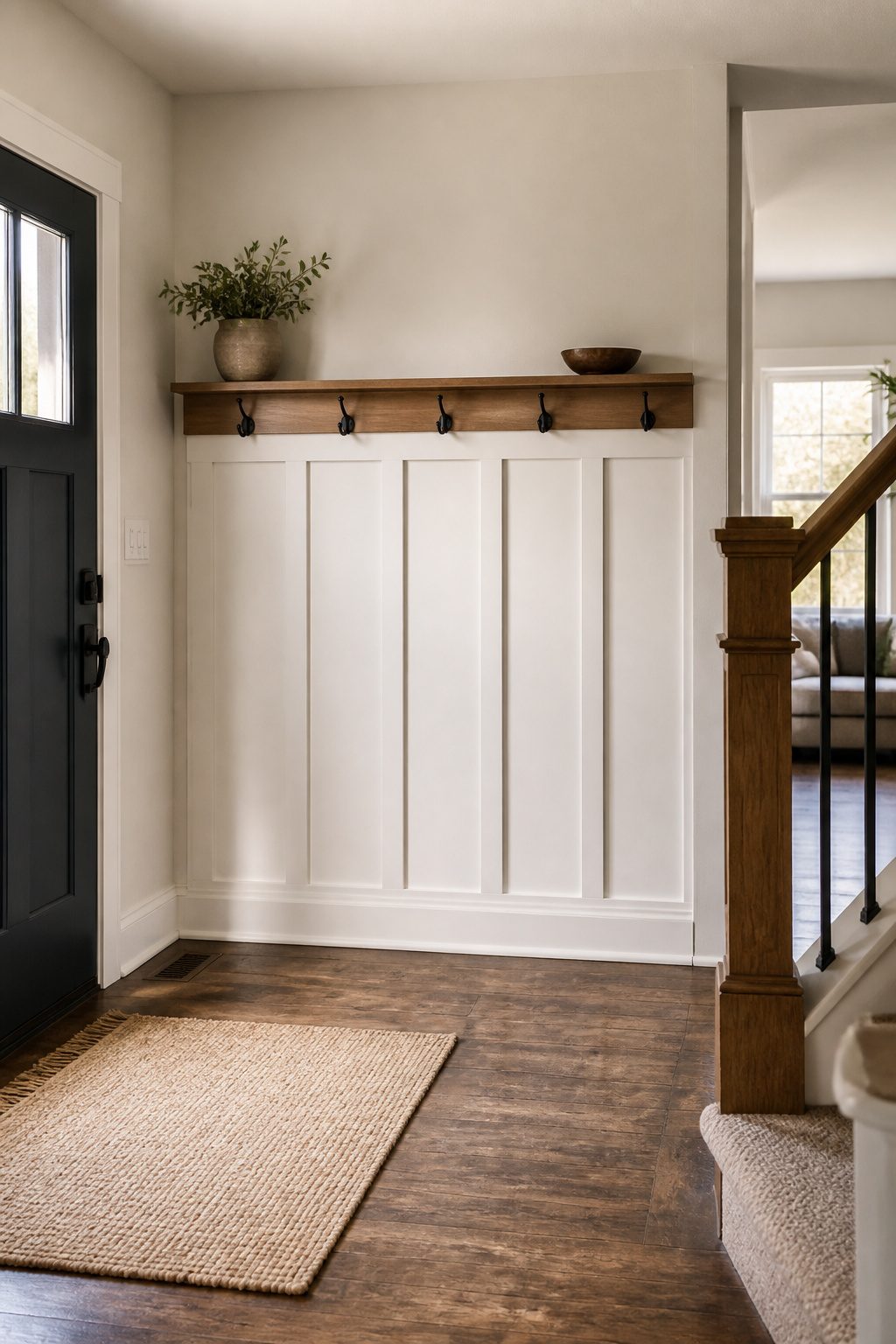 A wall with five hooks installed for hanging coats and bags.