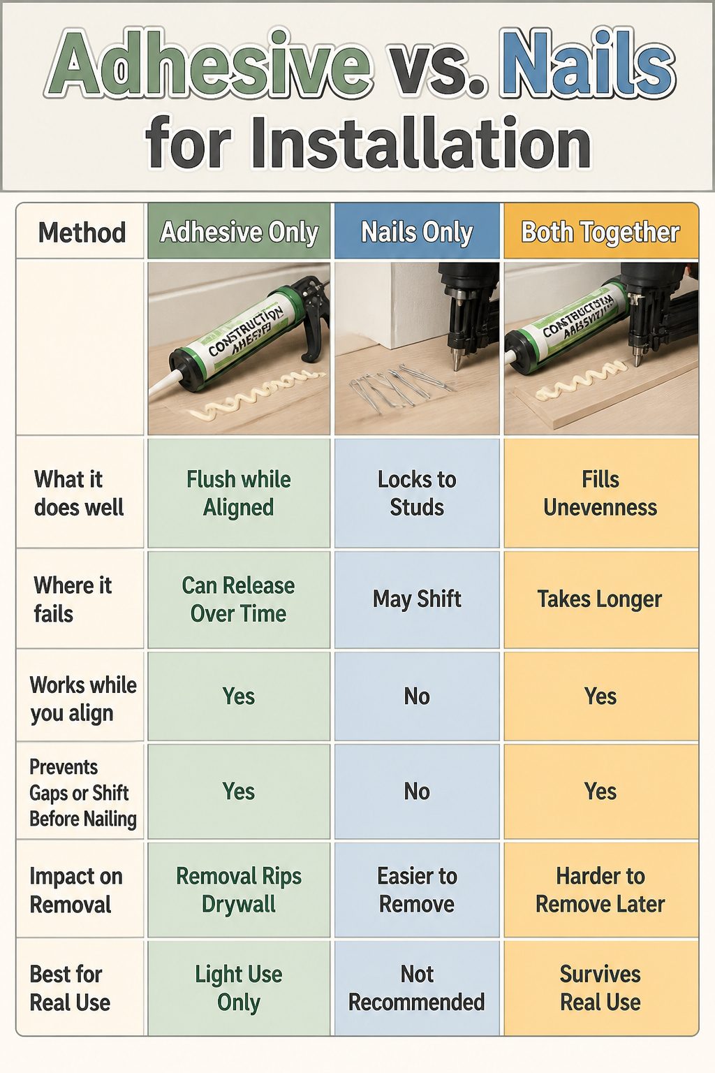 A comparison chart of adhesive and nails for board installation.