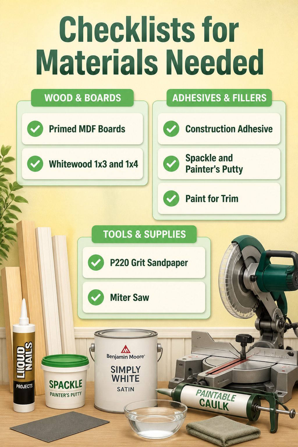 A checklist of materials required for a board and batten entryway.