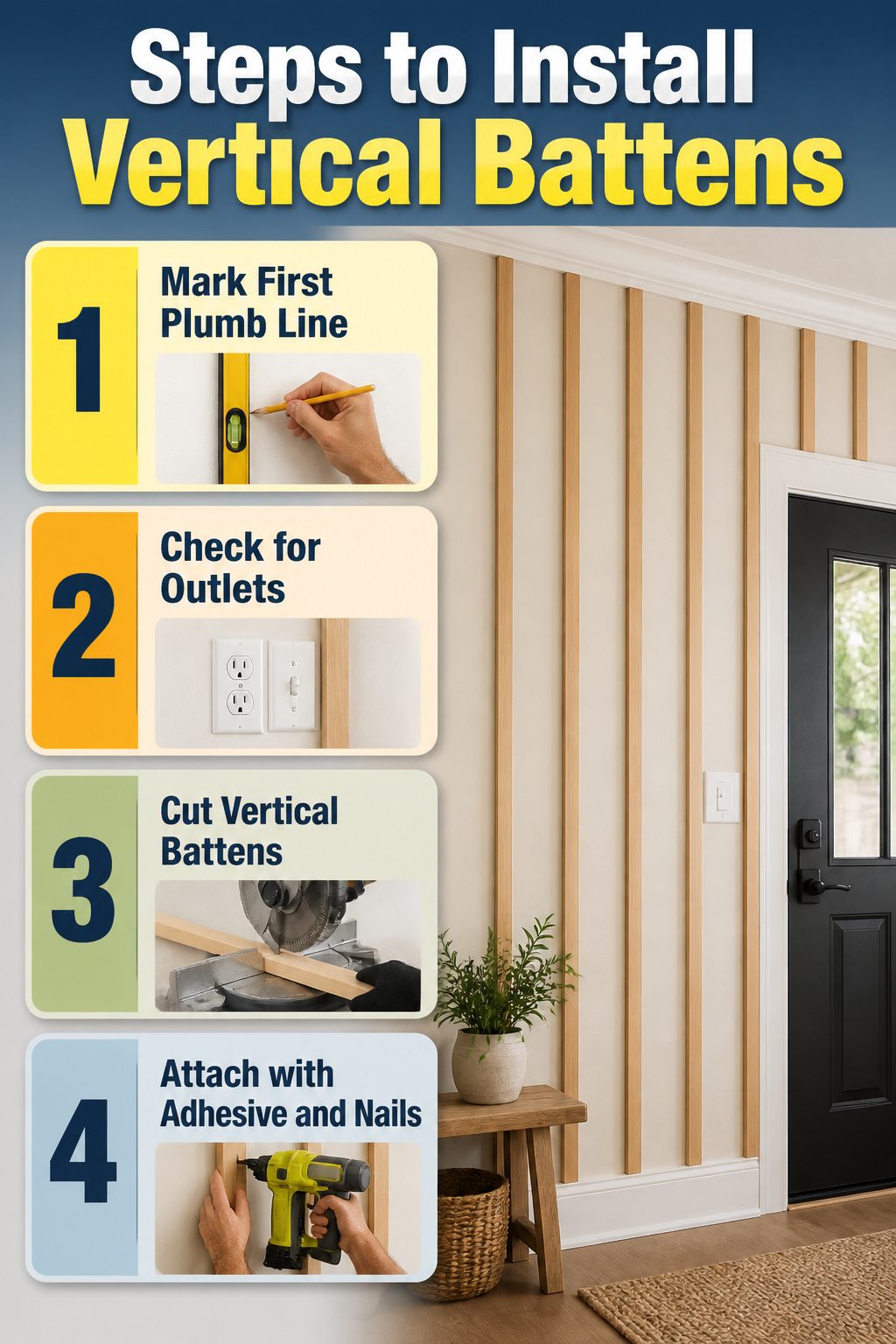 A diagram showing the installation steps for vertical battens.