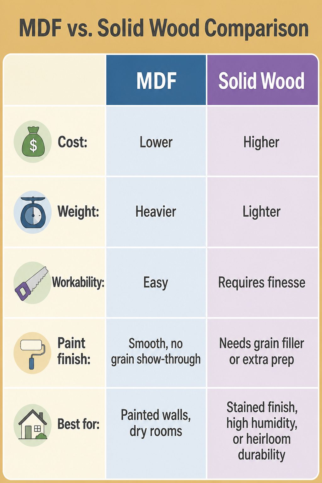 A chart comparing MDF and solid wood for board and batten projects.