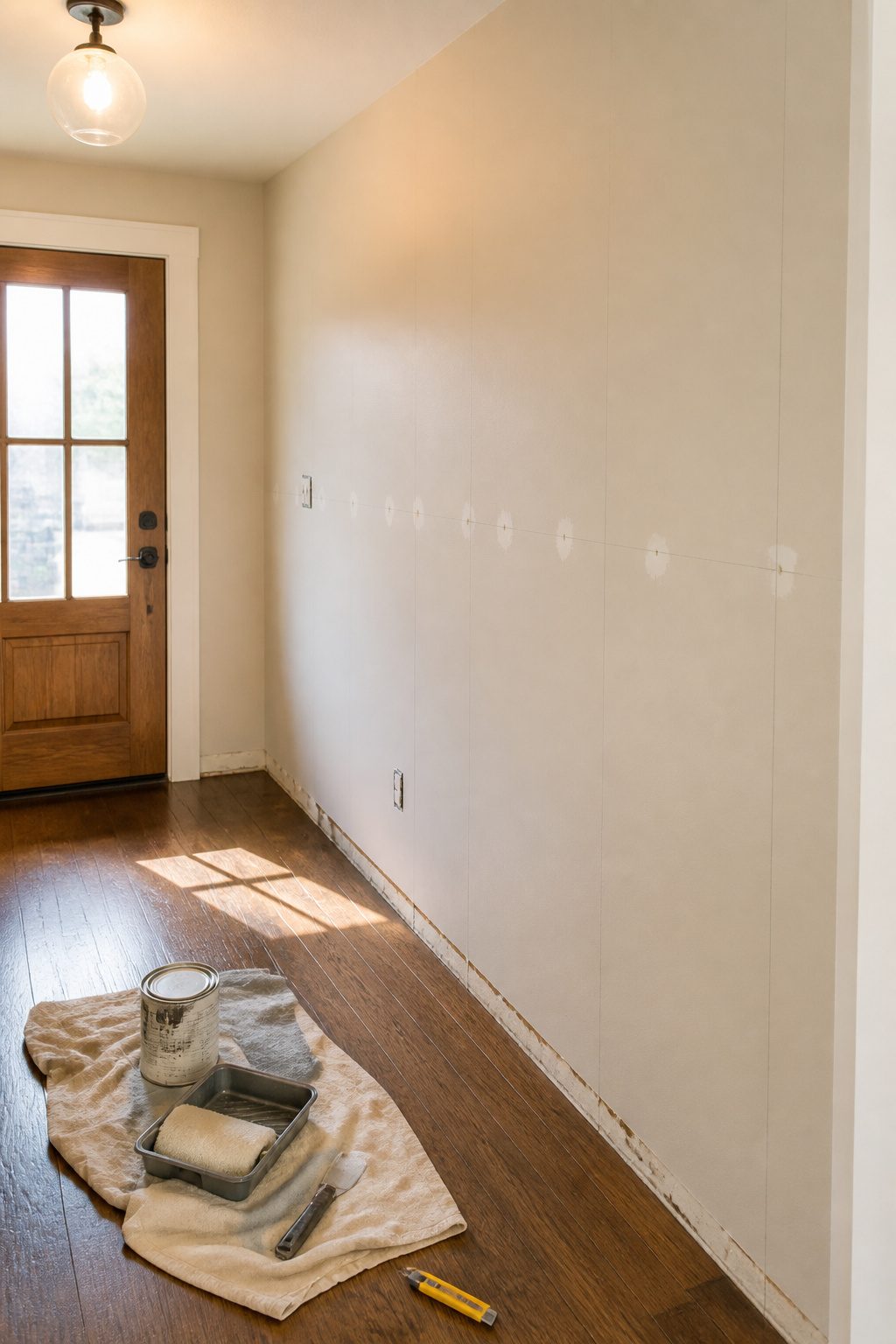 A freshly painted wall with layout lines and tools for installation.