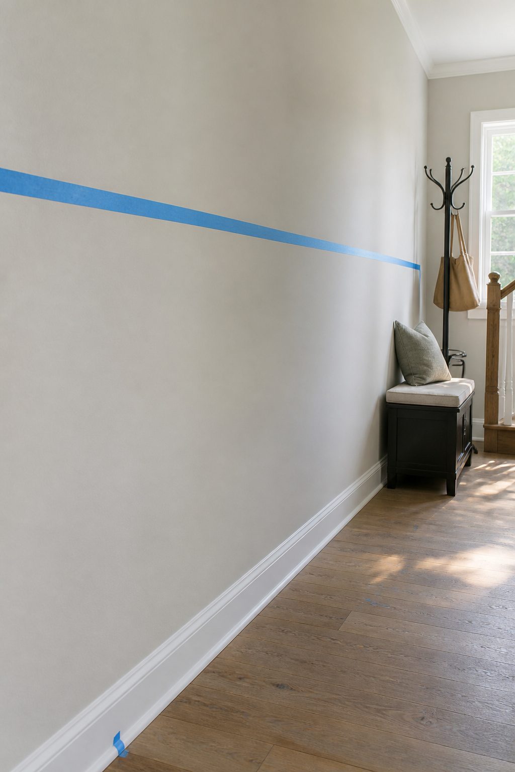 A wall with painter's tape marking a line for board placement.