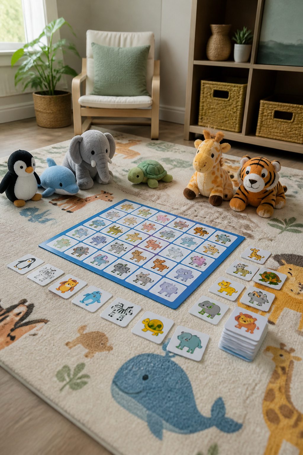 Sequence for Kids game board with animal cards on a play rug.