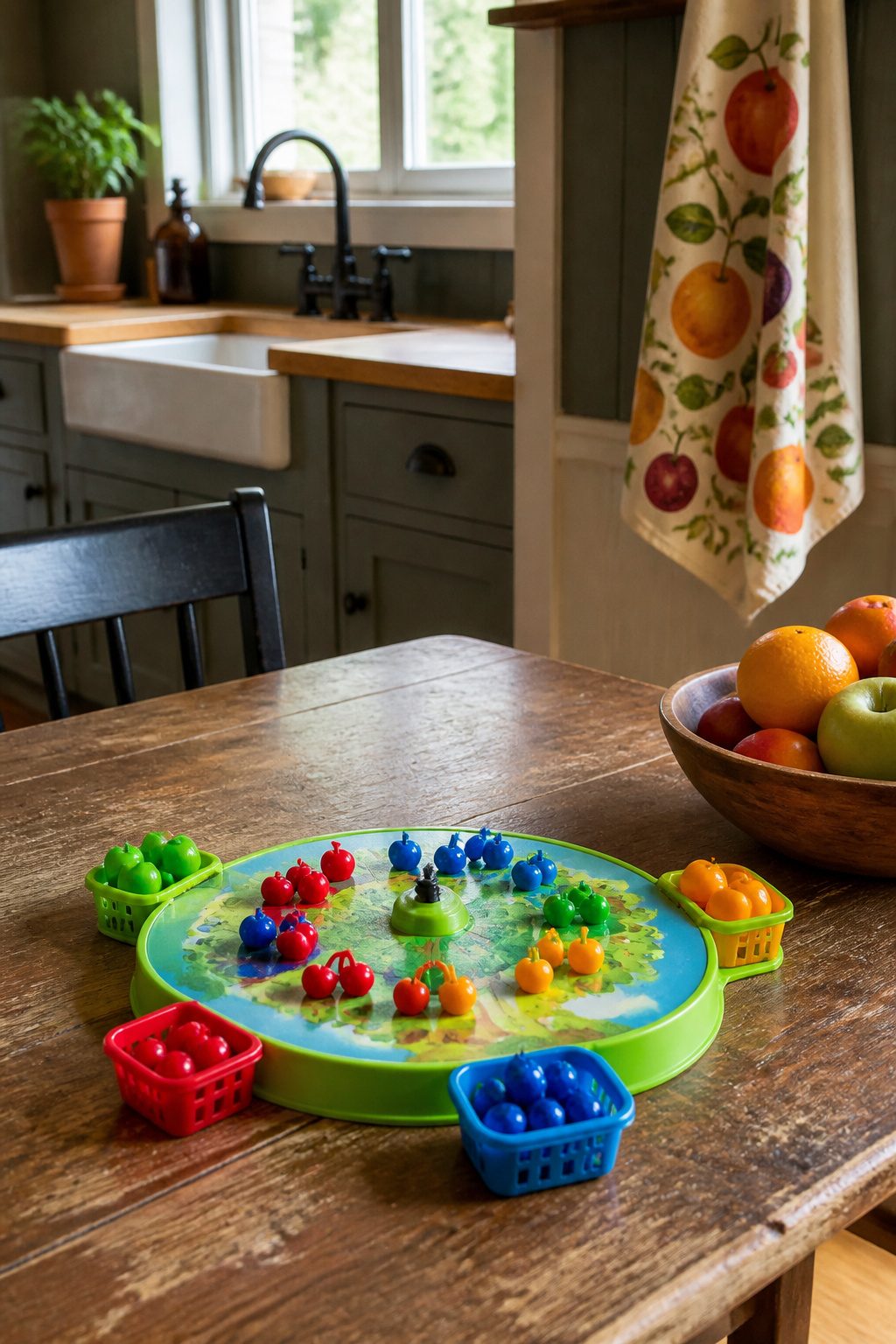 Hi Ho Cherry-O game board with colorful fruit pieces on a table.