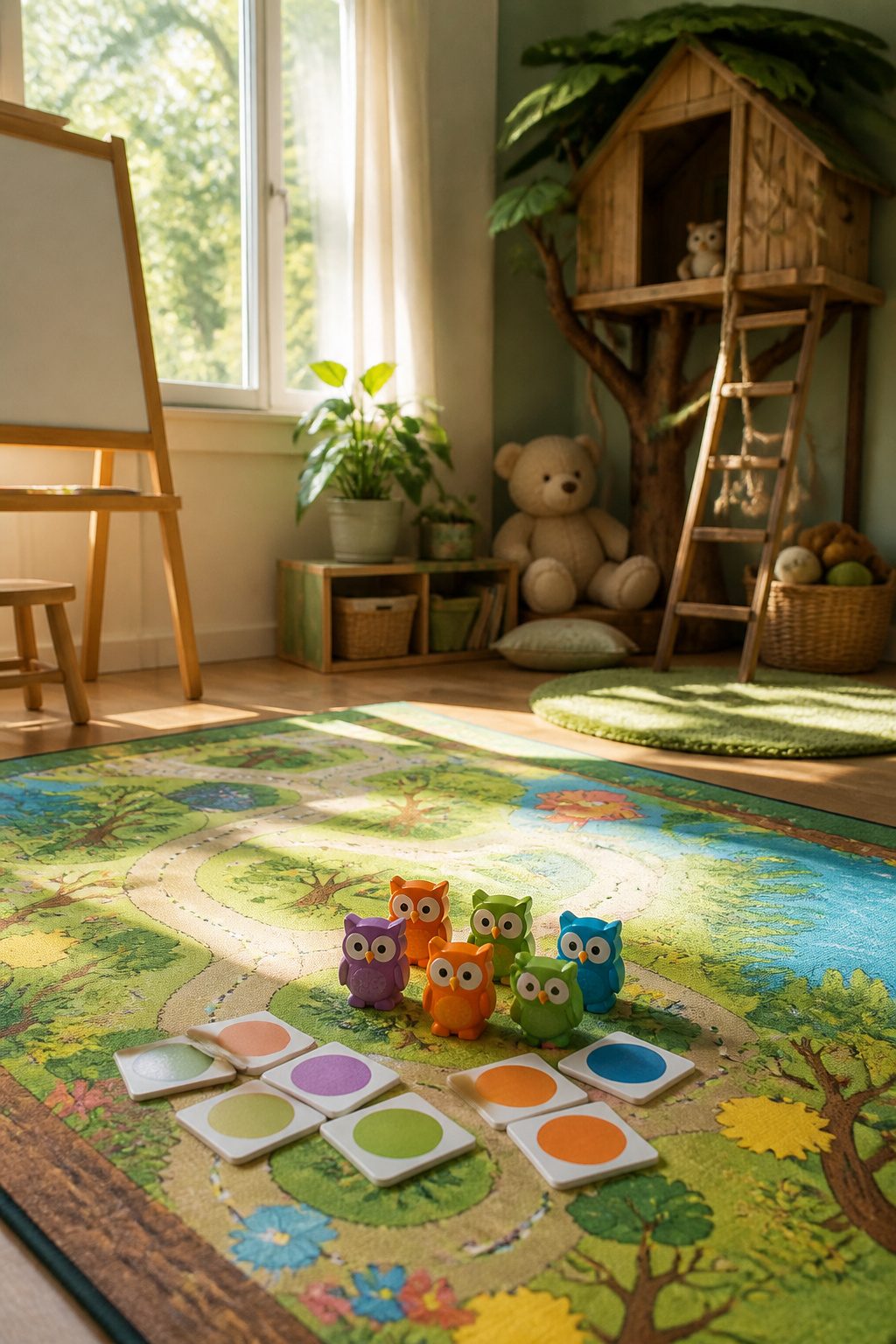 Hoot Owl Hoot! game board with colorful owl pieces and cards.