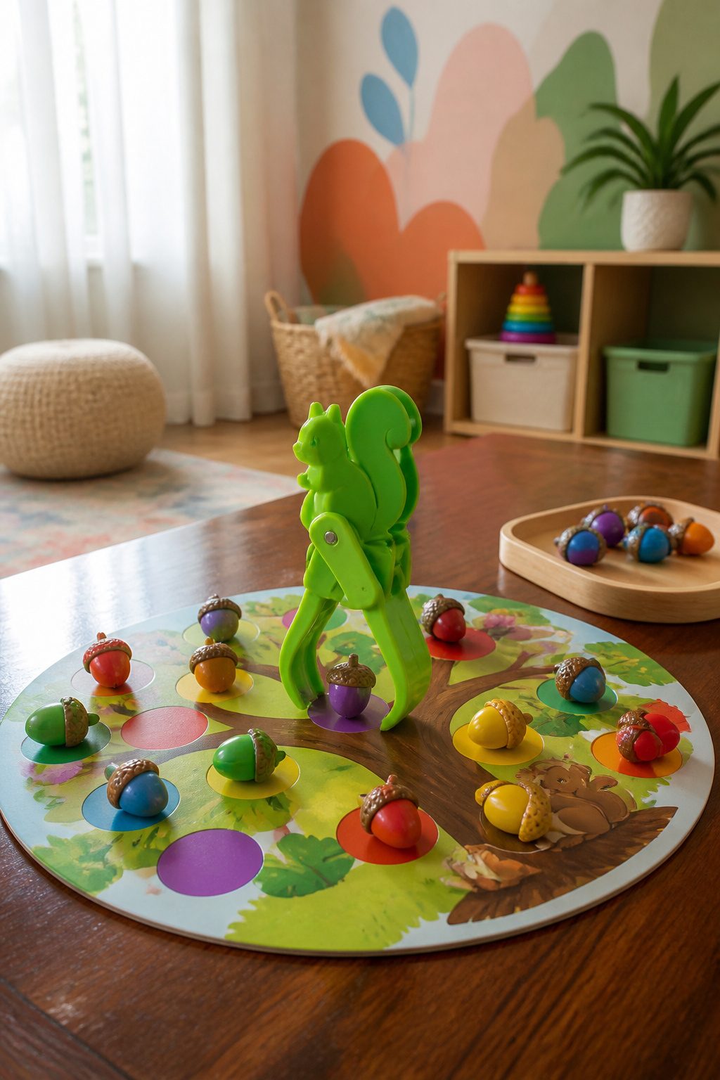 Sneaky Snacky Squirrel game with acorns and a squirrel squeezer on a table.