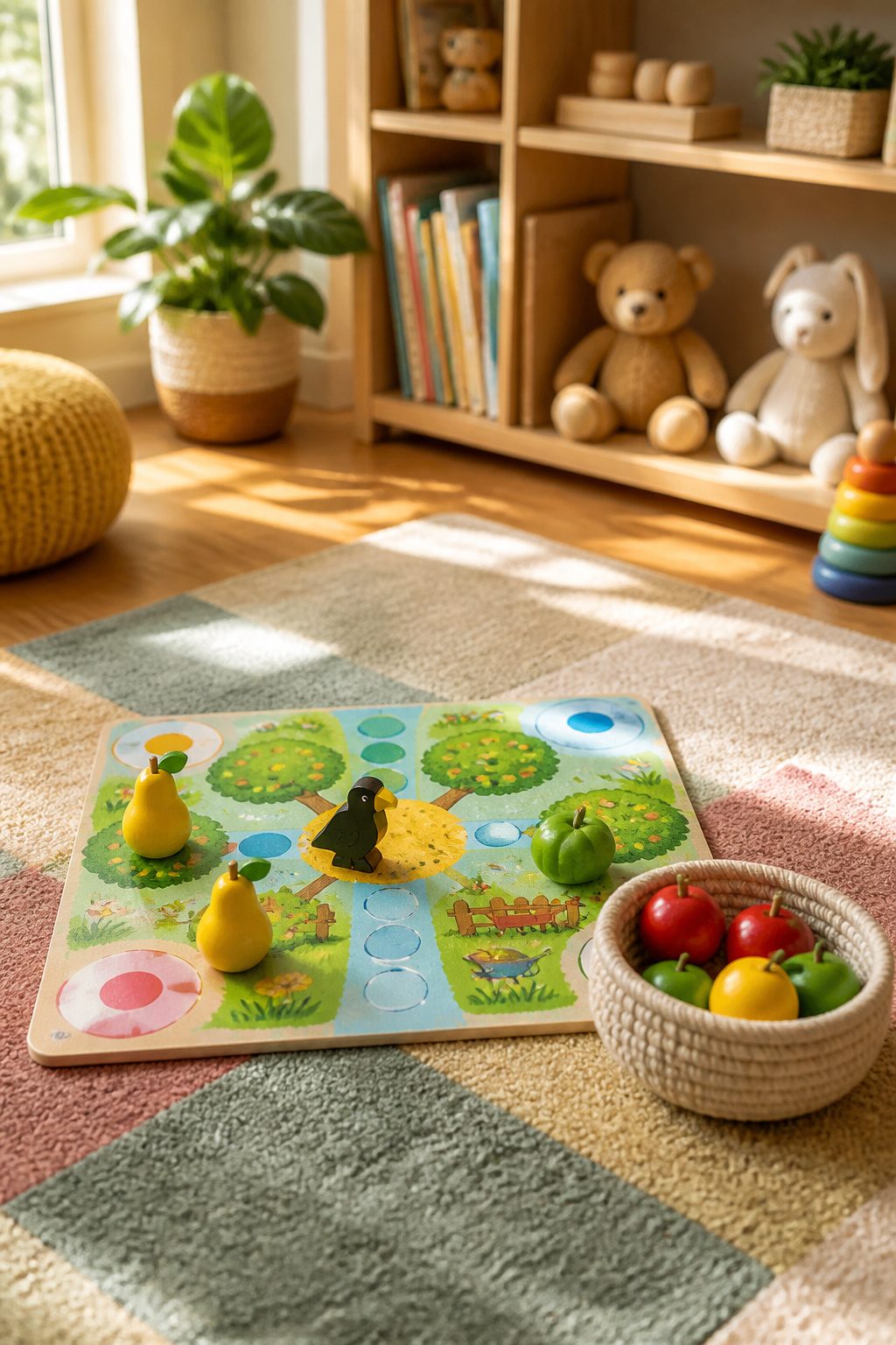 First Orchard game components including wooden fruit pieces and a die.