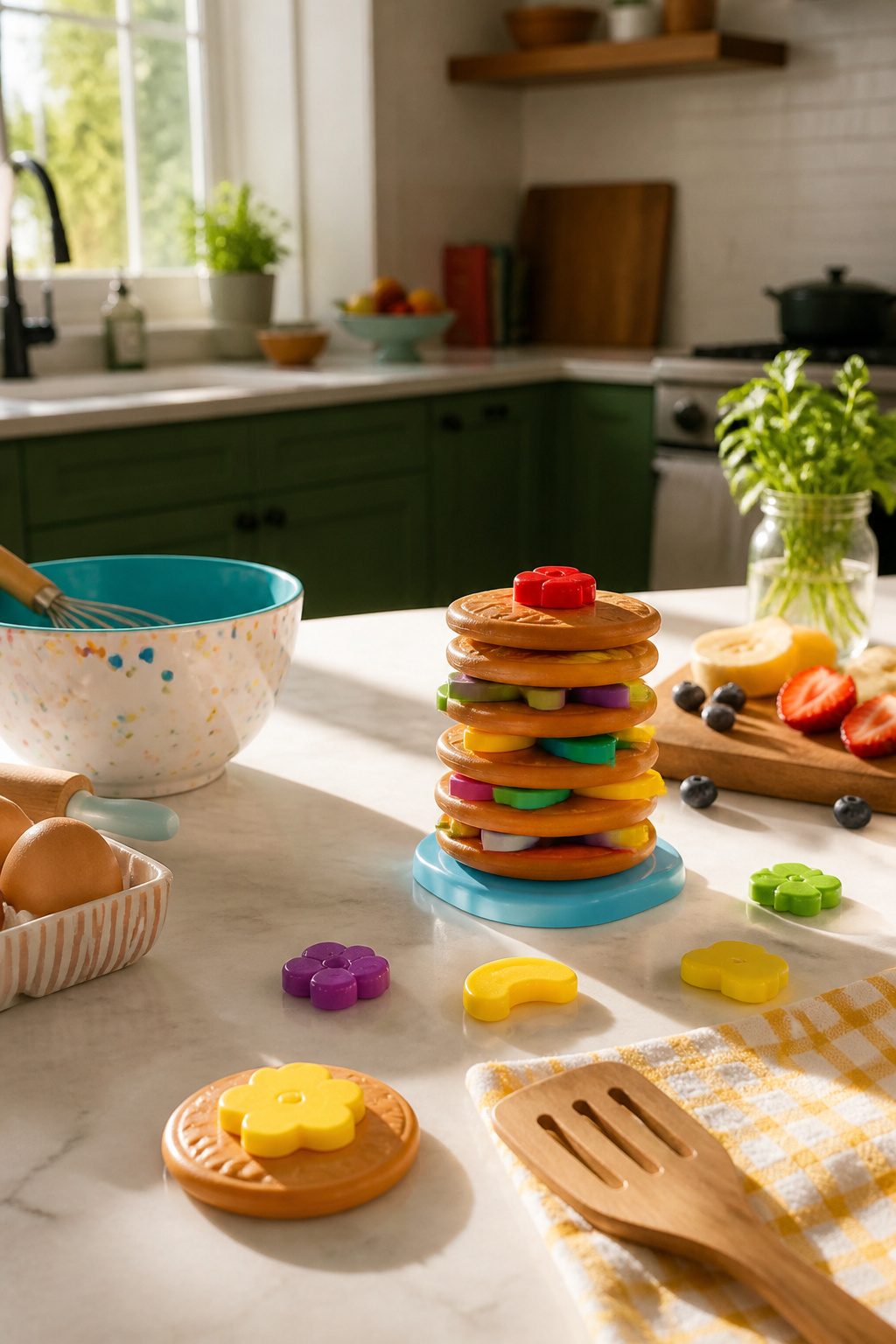 Pancake Pile-Up! game with stacked pancakes and kitchen utensils.