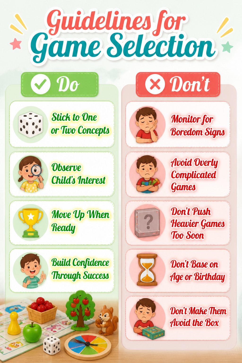 Infographic providing guidelines for selecting games for children.