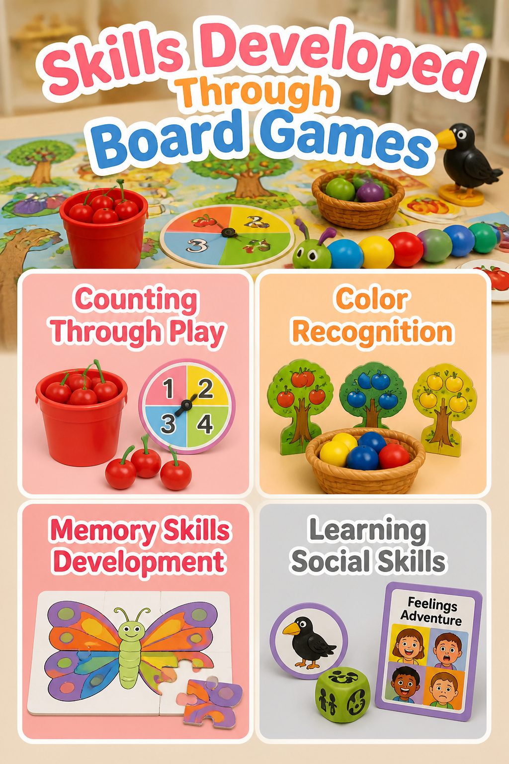 Infographic about skills developed through board games for children.