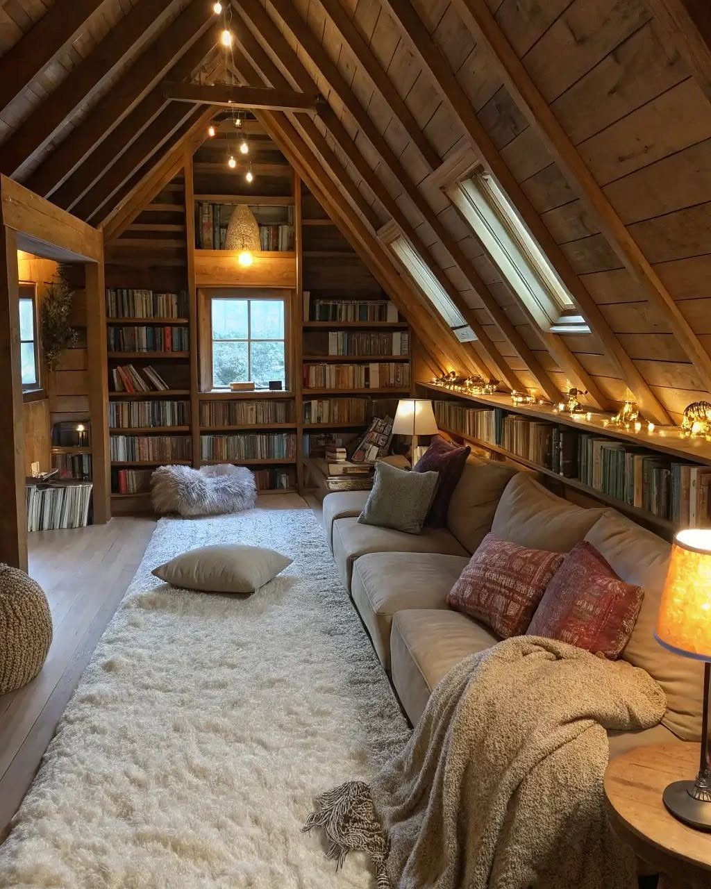 A cozy attic reading nook with wooden walls, bookshelves, a tan sofa, and a white shag rug.