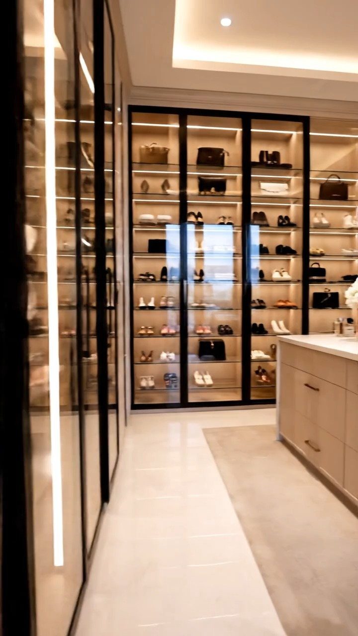 Glass-fronted luxury closet cabinets displaying organized designer handbags and shoes on illuminated shelves.