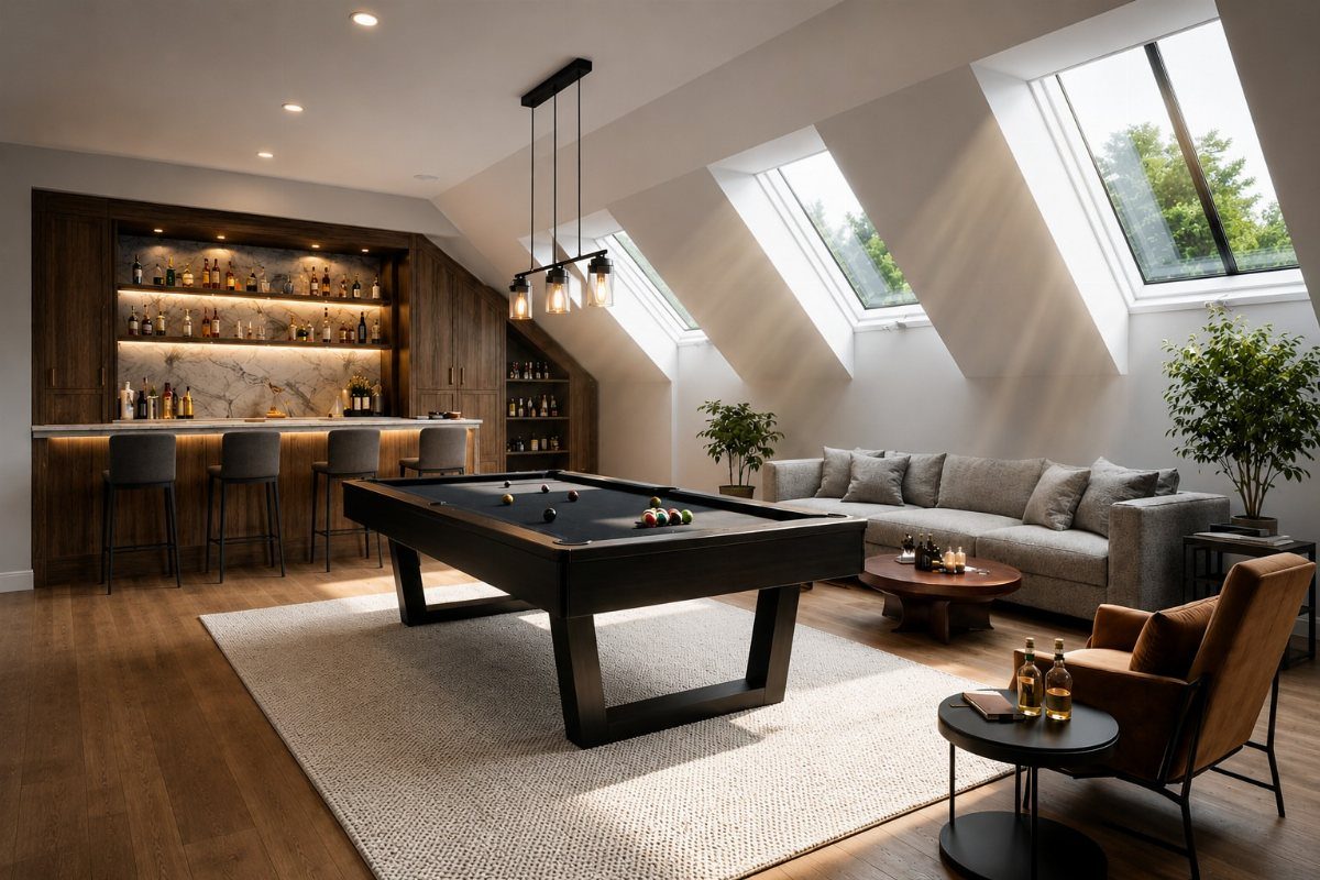 A modern entertainment room with a black pool table, a grey sofa, and a built-in bar area.