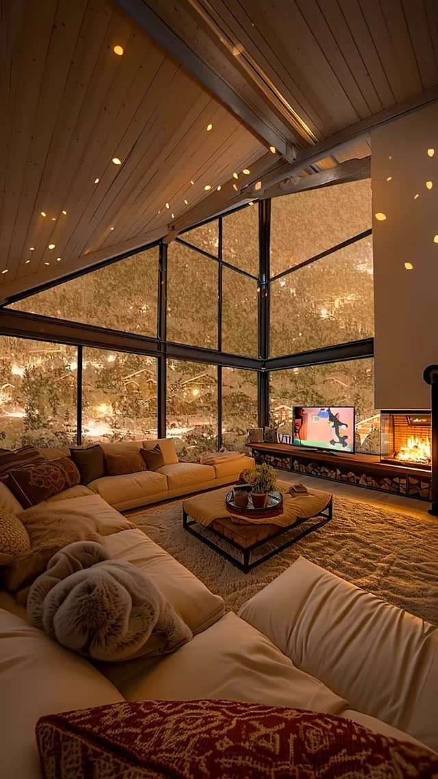 A cozy living room featuring a large sectional sofa, coffee table, and fireplace with large windows overlooking trees.
