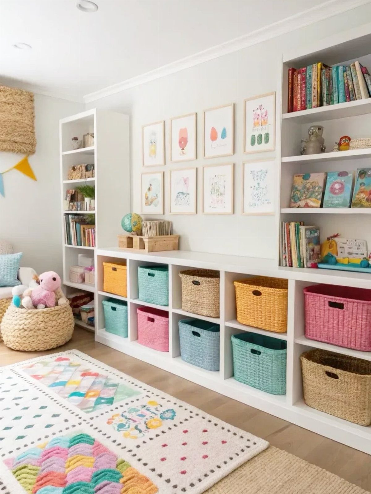 White low bookshelves filled with colorful woven storage baskets and books in a bright playroom.
