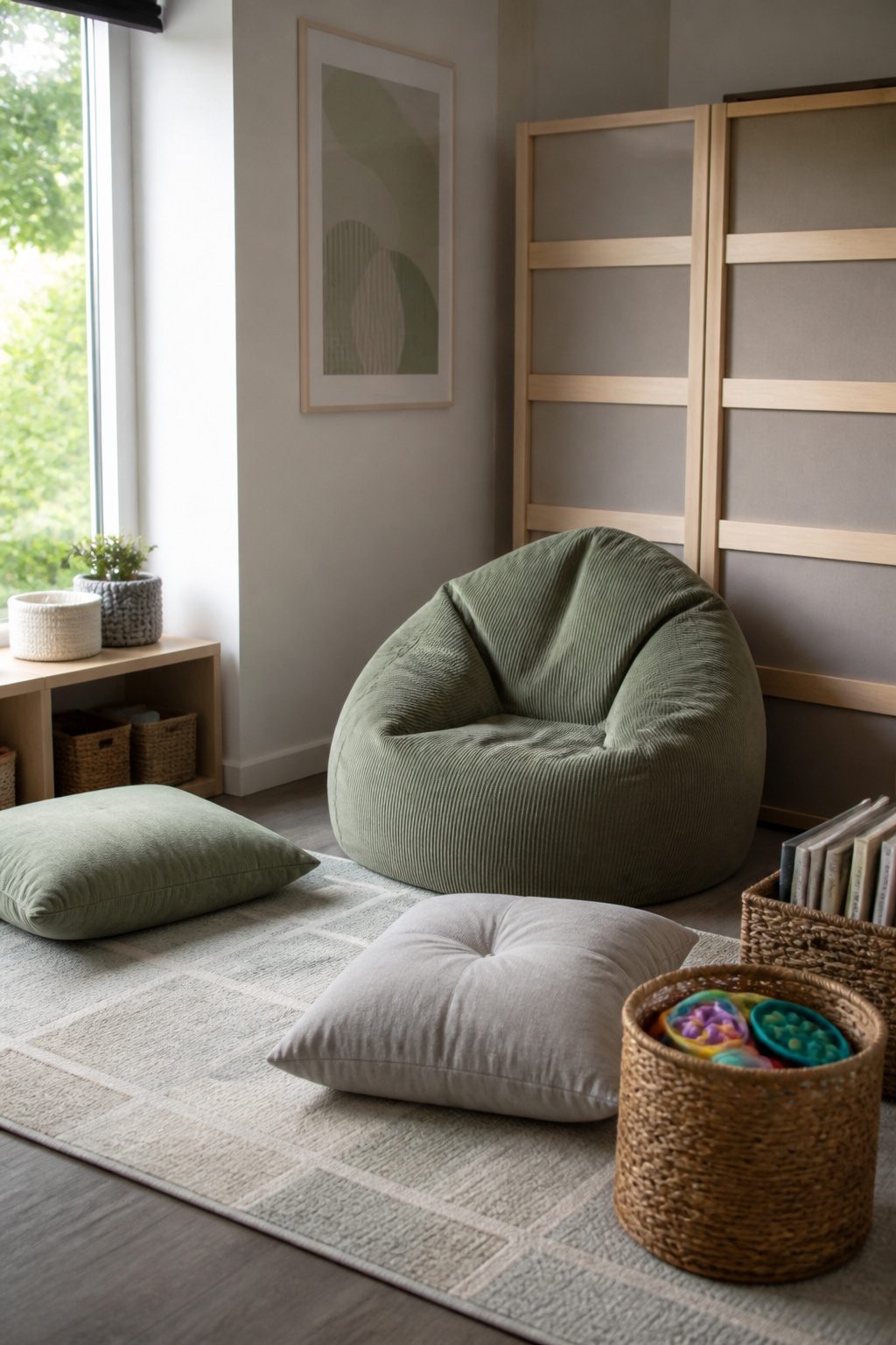 Calming Corner: A Home and Classroom Setup Guide in 6 Steps 2 Colorful bean bag chair and floor cushions on a plush rug.