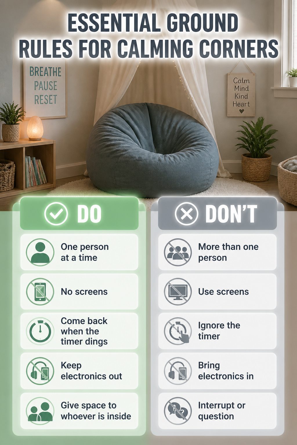 Calming Corner: A Home and Classroom Setup Guide in 6 Steps 3 Index cards with rules for a calming corner.