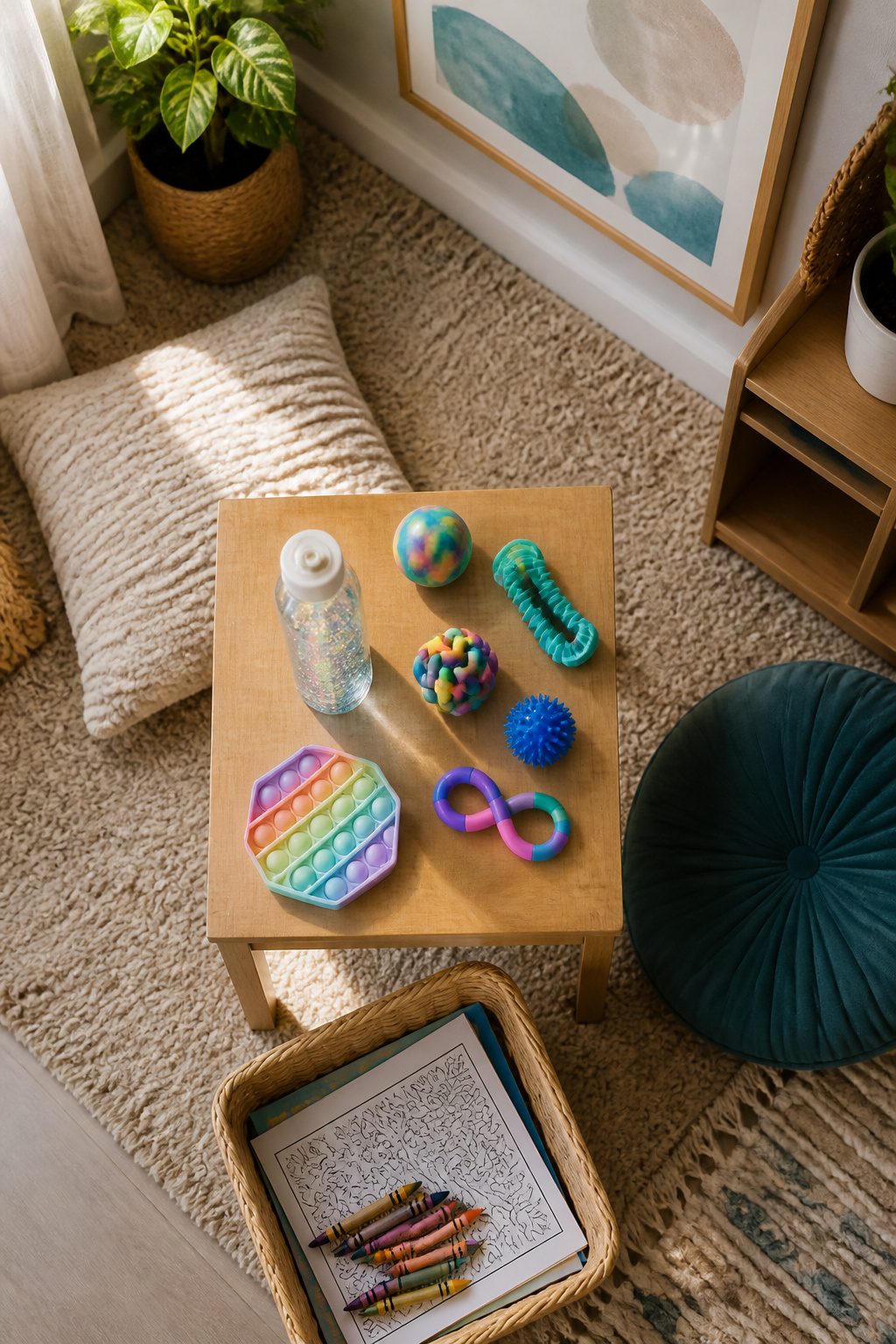 Calming Corner: A Home and Classroom Setup Guide in 6 Steps 4 Various calming tools including stress balls and a glitter jar.