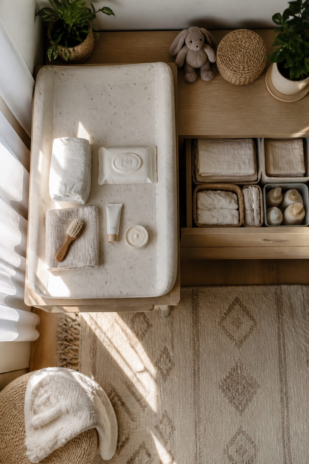 An organized changing table with essential supplies within easy reach.