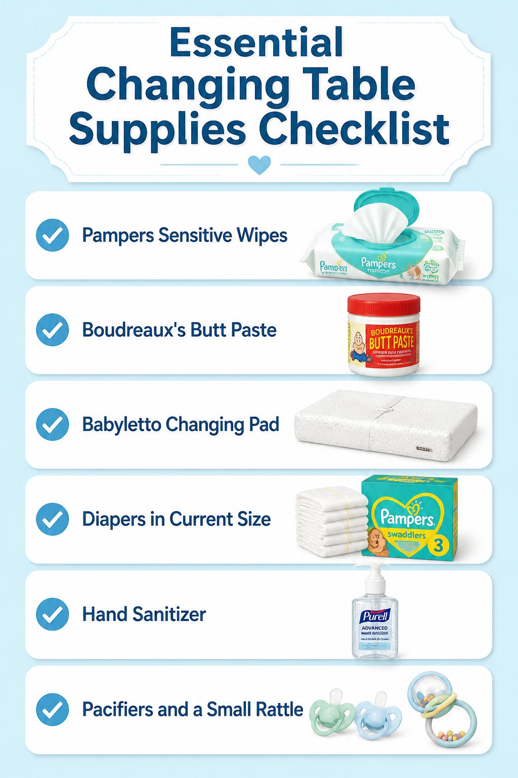A checklist of essential supplies neatly arranged on a changing table.