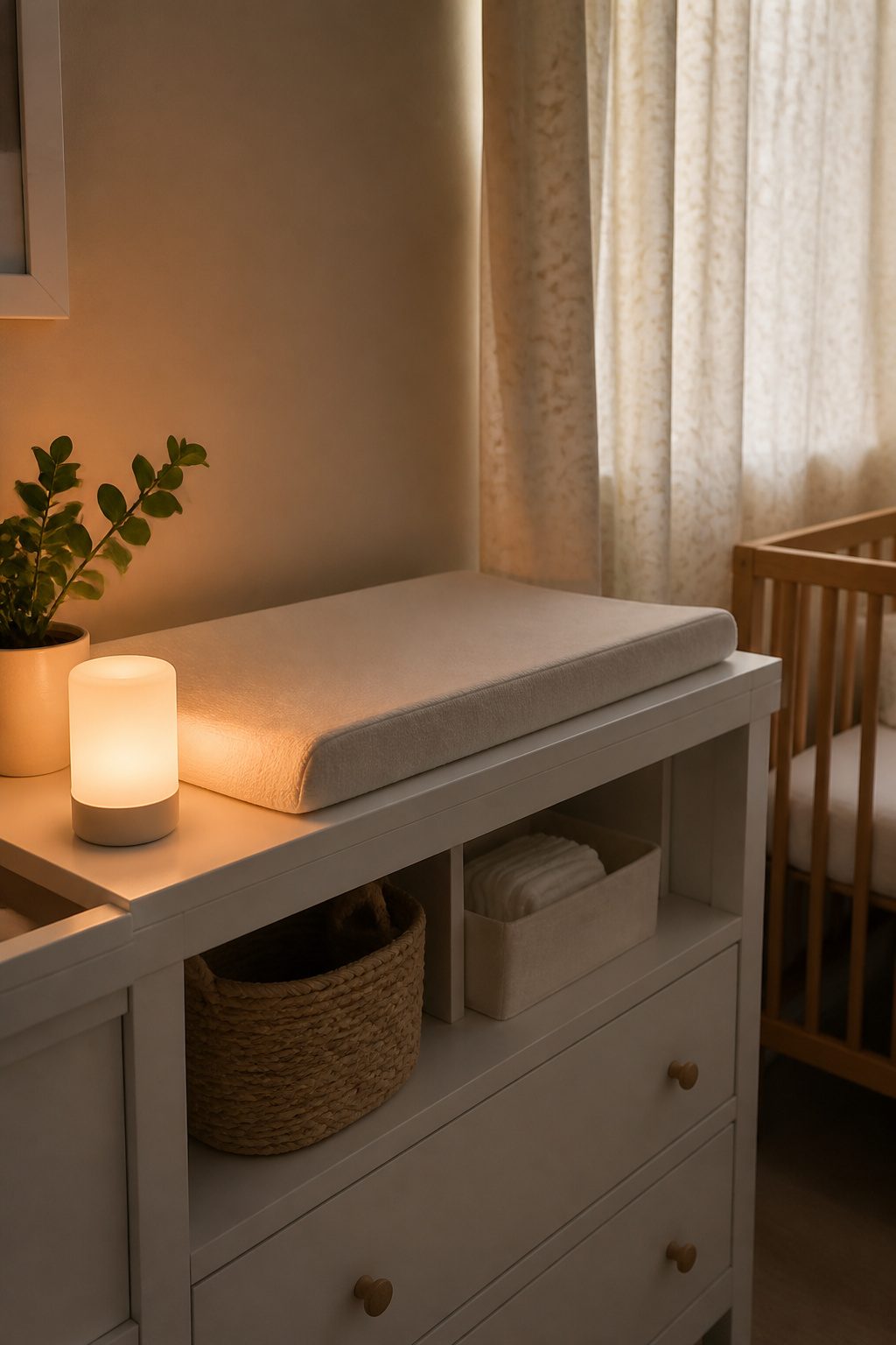A glowing nightlight positioned on the edge of a changing table.