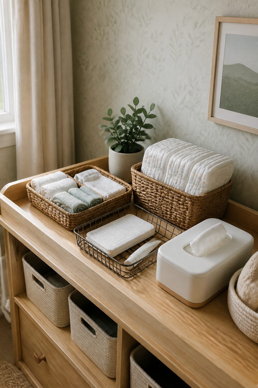Woven baskets filled with diapers and creams on a changing table.