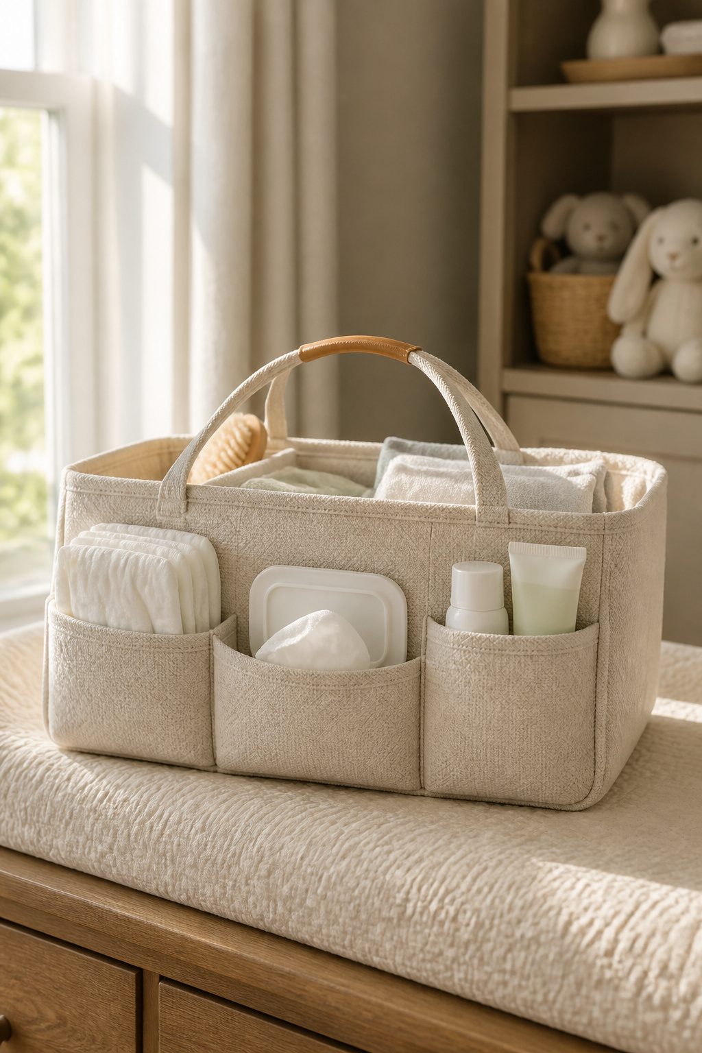 A diaper caddy filled with diapers, wipes, and cream for travel.