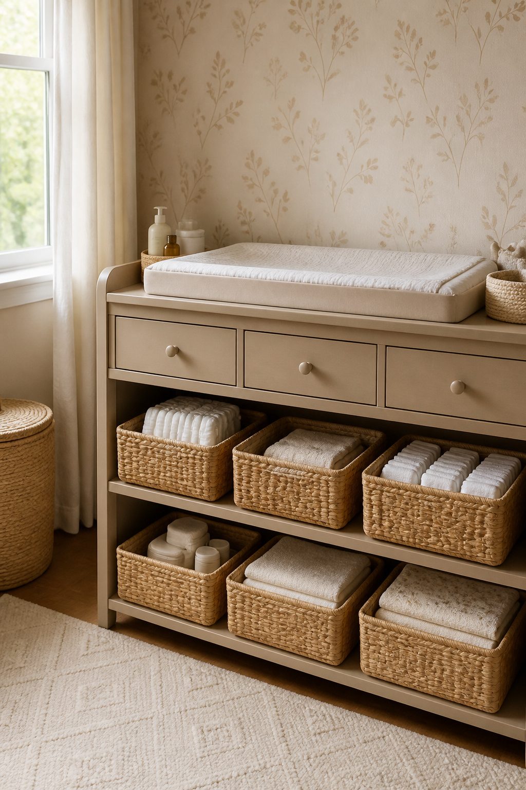 Labeled storage areas for diapers, wipes, and creams on a changing table.
