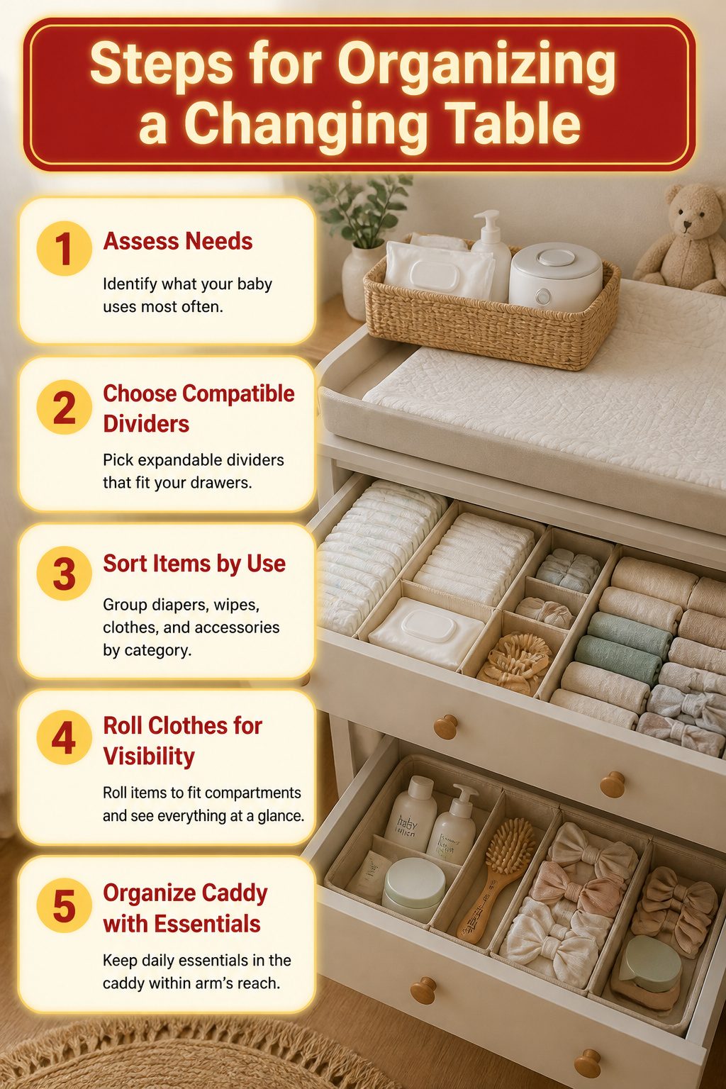Steps for organizing a changing table with expandable dividers.