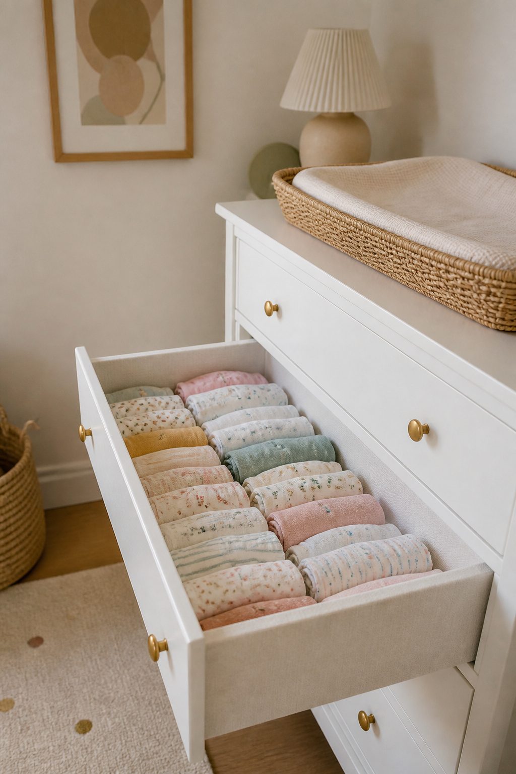 A dresser drawer with neatly rolled baby clothes organized by size.