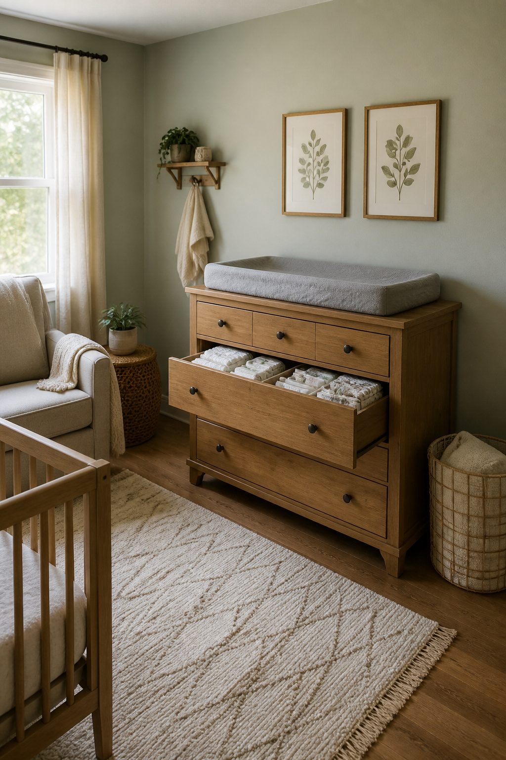 A dresser with a changing pad on top and supplies stored nearby.