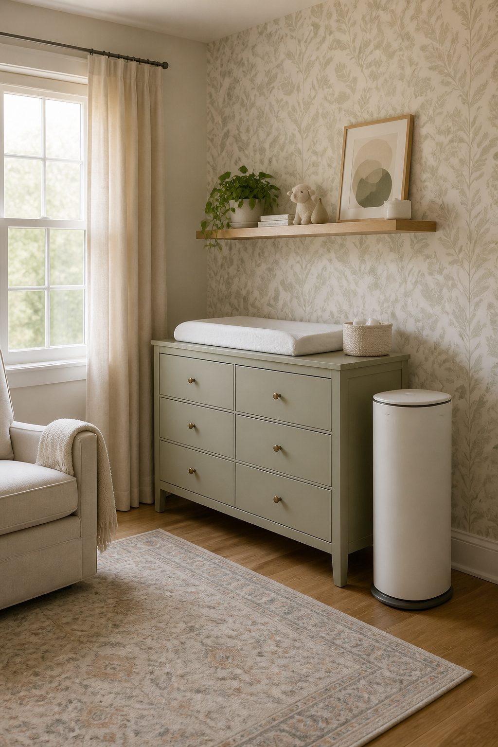 A diaper pail placed beside a changing table for convenience.