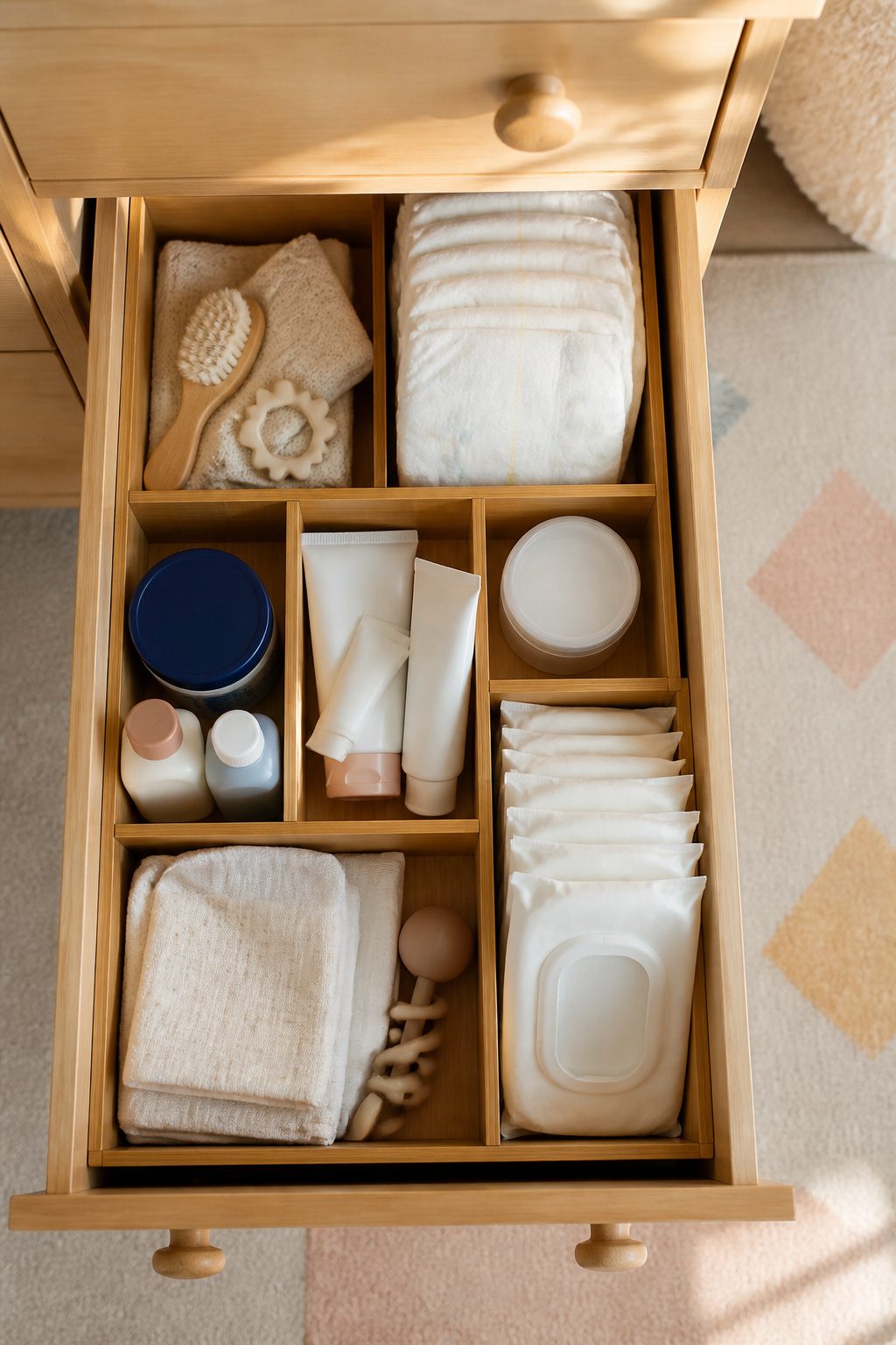 A drawer with organized compartments for wipes and creams.