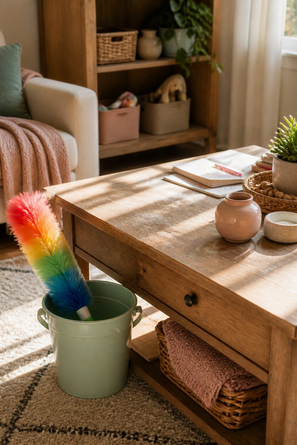 A pastel cleaning bucket with a small duster next to a coffee table.